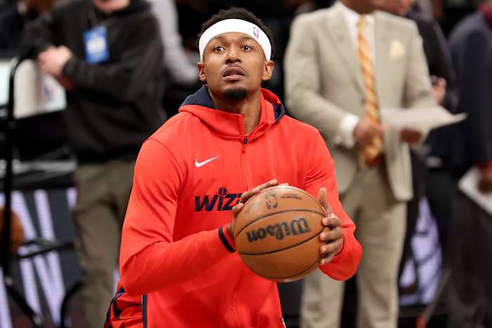 Bradley Beal warms up before a game against the Brooklyn Nets at Barclays Center.
